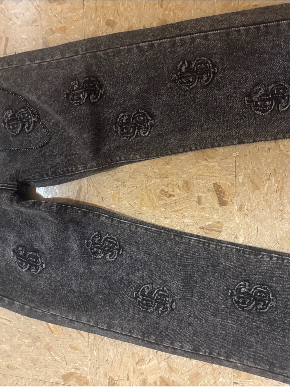 Men's Black Washed Straight Jeans with Tonal Embroidered $$ sign